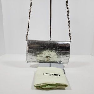 Burberry Hannah Wallet on Chain Crocodile Embossed Leather - Metallic Silver